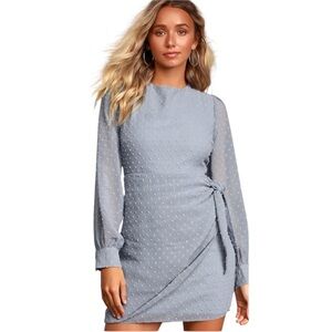 Lulus Much Love Light Blue Swiss Dot Long Sleeve Tie Front Mini Dress Medium